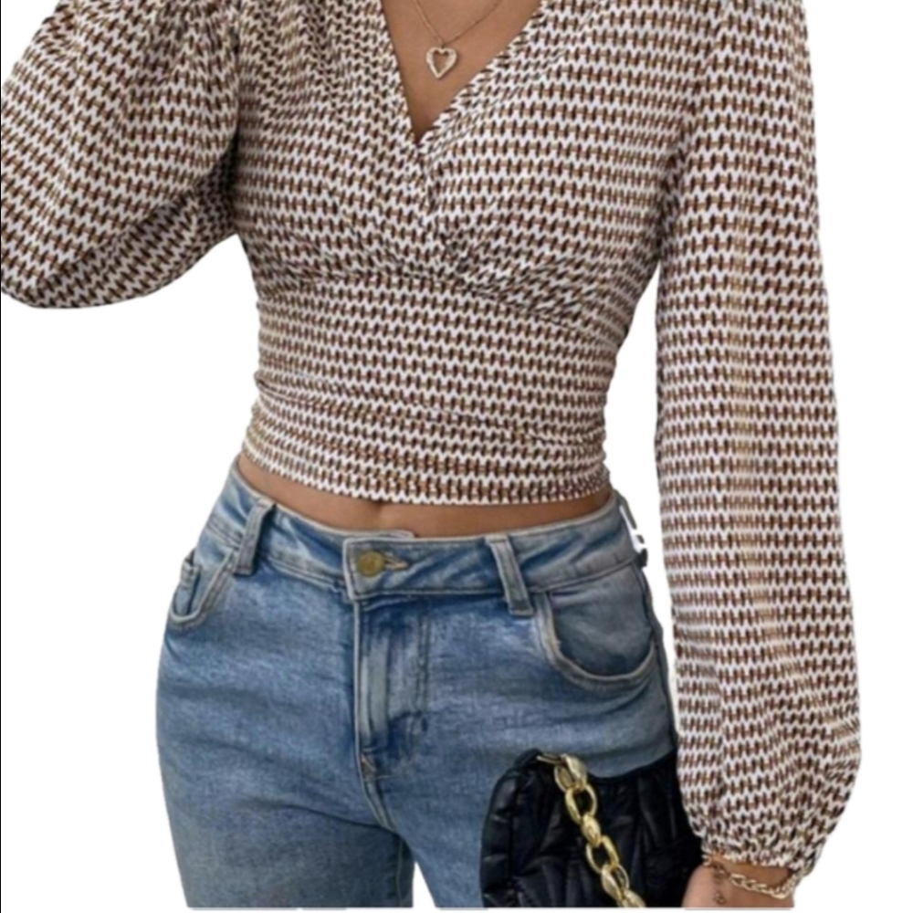 Long Sleeve Top Brown Sheared Waist Geometric Lantern Sleeve Boho Fall Blouse - Picture 9 of 13